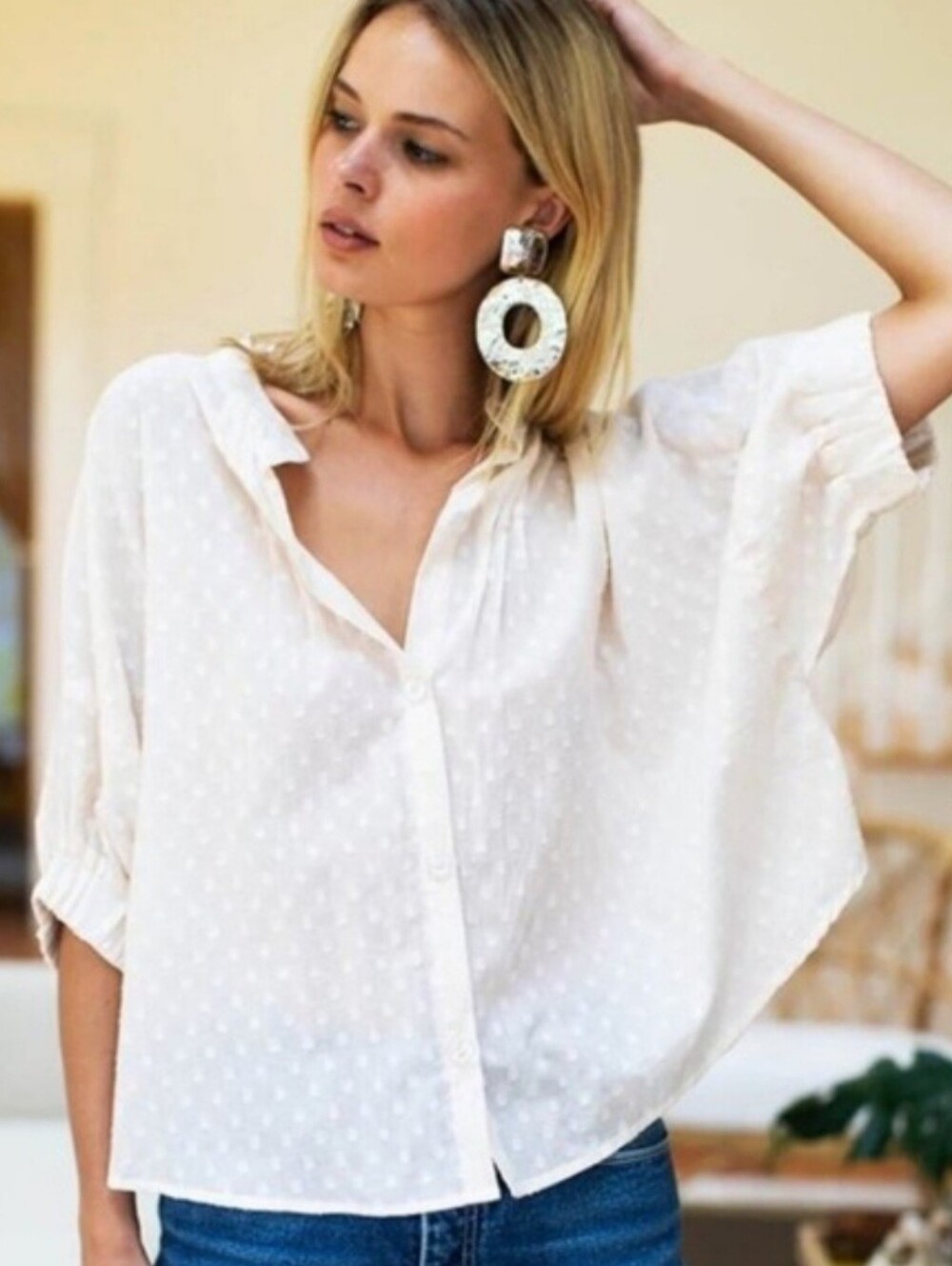 Emerson Fry Mandarin Collar Top Swiss Dots White - OS